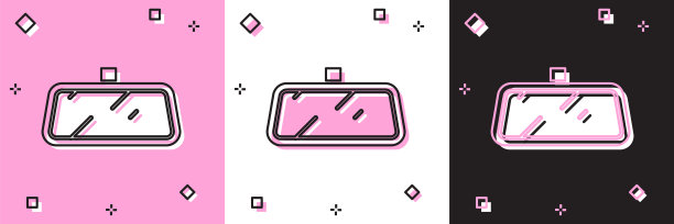 设置汽车镜像图标孤立在粉红色和白色，黑色背景。向量图片下载