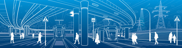 城市场景。汽车桥、天桥。有轨电车。人们走在街上。背景是夜城。电动交通工具。电力线路。大纲矢量基础设施插图。白线素描。图片下载