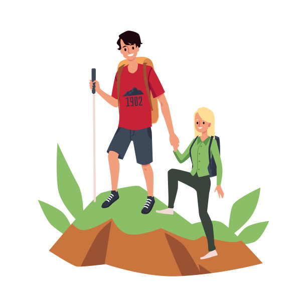 快乐的情侣游客在徒步旅行或冒险一个孤立的矢量插图。图片下载