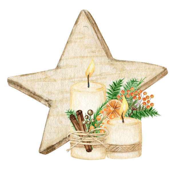 圣诞星木制装饰用波西米亚风格的蜡烛。水彩冬季新年插图孤立在白色的背景。圣诞树环保装饰。信仰或宗教象征图片下载