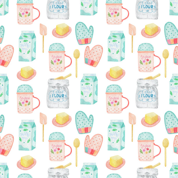 水彩烘烤无缝图案。复古烹饪插图与牛奶，糖，面粉，鸡蛋，蛋糕，饼干，碗，勺子，黄油和厨房盘子。厨房用具数码纸。图片下载