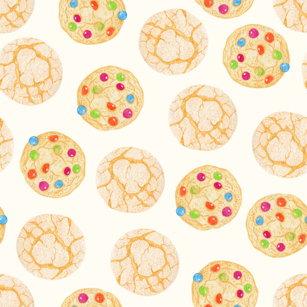 水彩烘烤无缝图案。复古烹饪插图与牛奶，糖，面粉，鸡蛋，蛋糕，饼干，碗，勺子，黄油和厨房盘子。厨房用具数码纸。图片下载