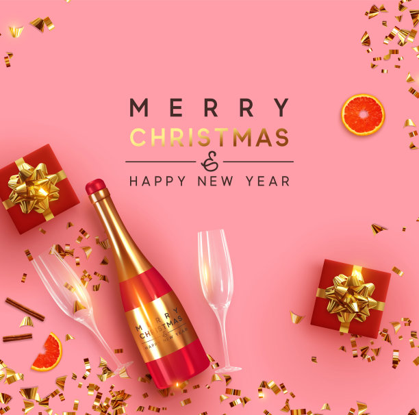 节日的圣诞背景。圣诞设计用逼真的红色香槟和葡萄酒瓶子，两个玻璃杯，闪闪发光的彩灯花环，礼品盒，闪闪发光的金色纸屑。图片下载