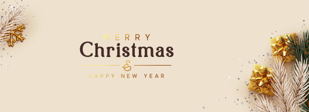 圣诞快乐，新年快乐。贺卡，圣诞横幅，水平标题的网站，网站海报。逼真的礼盒，松树和冷杉树枝。金色的雪花，银色的纸屑，米色的背景图片下载