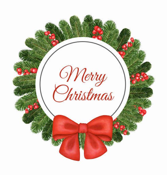 花环的水彩圣诞树枝，冬青浆果，红色的弓和文字圣诞快乐。圆框架与冷杉枝。手绘假日模板与复制空间图片下载