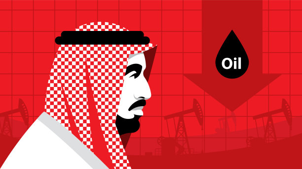 石油价格。严肃的阿拉伯商人穿着民族白色西装，背景是石油钻塔。侧视图。肖像，侧面，红色背景。阿拉伯世界，中东，石油工业。模板。图片下载