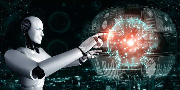 AI仿人机器人触摸虚拟全息屏幕，展示大数据概念图片下载