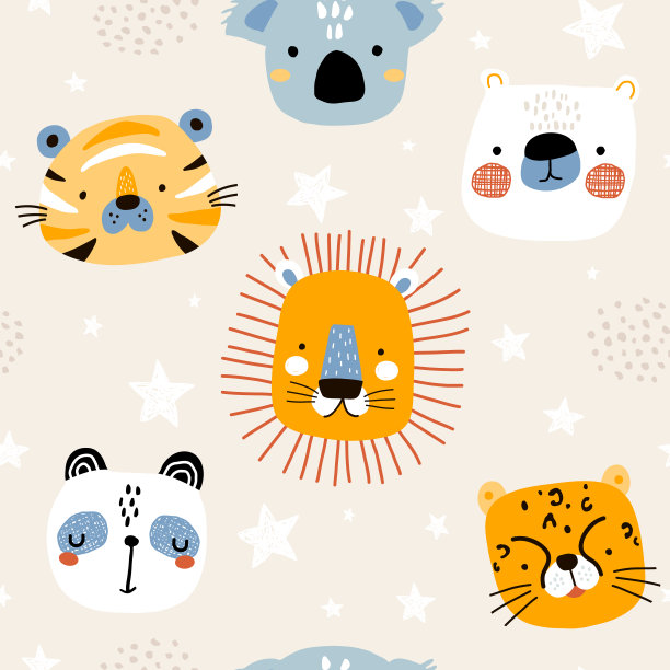 无缝的孩子和可爱的动物图案。孩子气的纹理创意狮子，老虎，猎豹，熊猫，考拉，熊。矢量背景完美的织物，纺织品，服装设计。图片下载