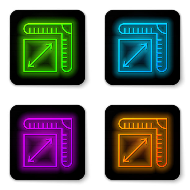 发光的霓虹灯线纸大小的图标隔离在白色背景。黑色方形按钮。向量图片下载