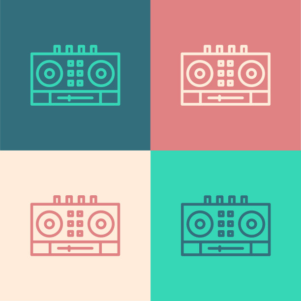 流行艺术线DJ远程播放和混合音乐图标孤立的颜色背景。配有乙烯基播放器和遥控器的DJ混音器。向量图片下载