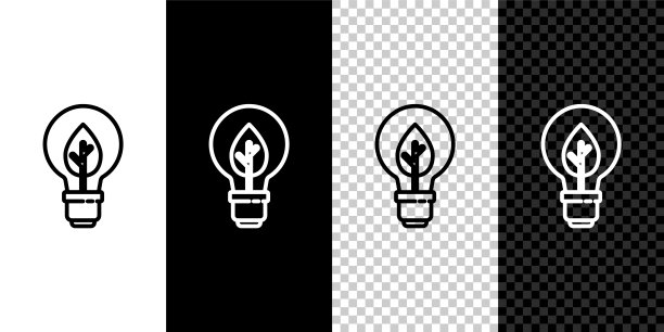 设置线灯泡与叶片图标隔离在黑白背景。生态能源的概念。替代能源的概念。向量图片下载