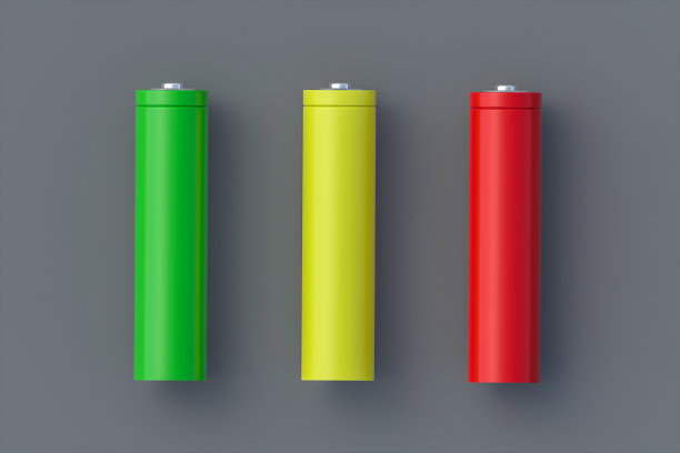 三节电池，红色，黄色，绿色，aa或aaa大小的灰色背景。电池充电水平符号。三维渲染图片下载