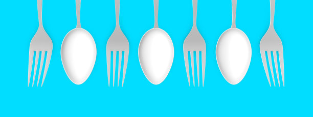 蓝色背景上的勺子和叉子。用于设计一家餐厅、咖啡馆、披萨店。极简设计的厨房勺子和叉子的广告目的。3D渲染，3D渲染。图片下载