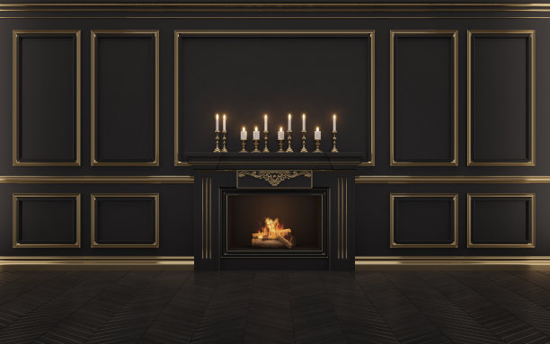 经典的壁炉室内背景。三维渲染图片下载