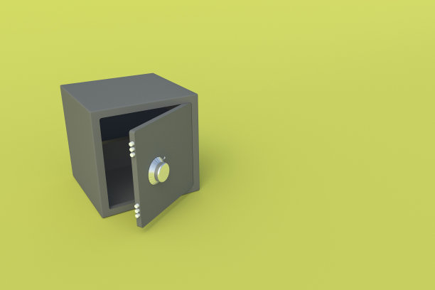 打开黑色空保险箱，存放黄色背景的现金或文件。存钱和投资。银行贷款或存款。副本的空间。三维渲染图片下载