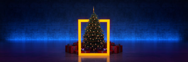 圣诞树与黄色框架在黑色背景。2020年的概念。三维渲染图片下载