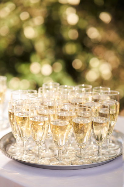 在家庭庆典上，银托盘上放着香槟图片下载