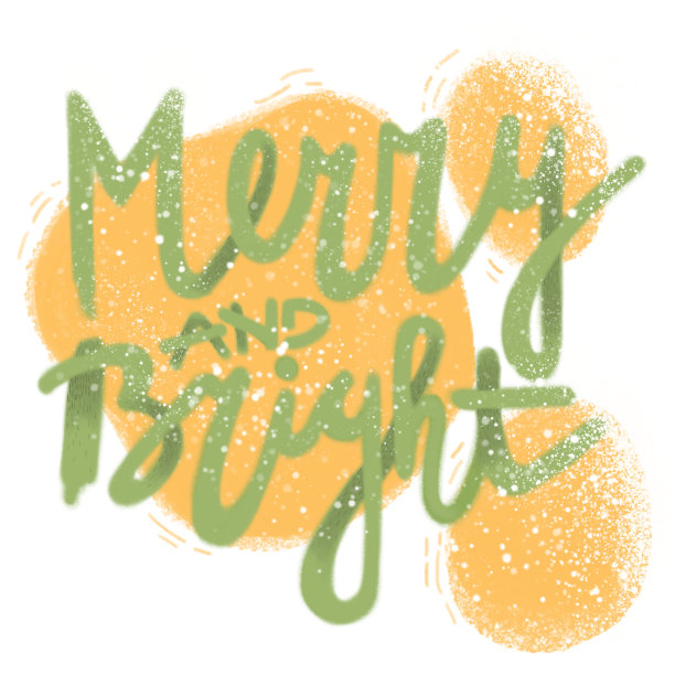 快乐和明亮的字母为节日贺卡，问候海报，圣诞横幅。短语，短的绿色书法文字上白色孤立的背景。手写的字。图片下载