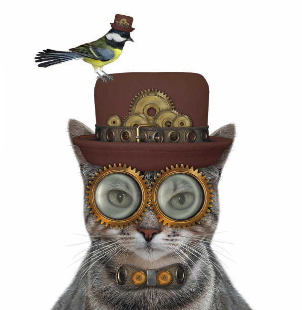 猫灰色蒸汽朋克戴着金属领结图片下载