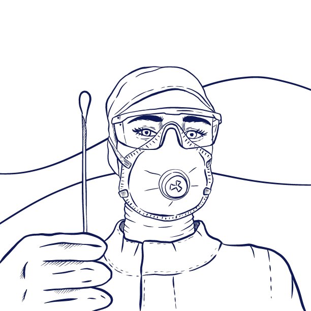 穿防护服的护士取棉签。黑白素描。图片下载