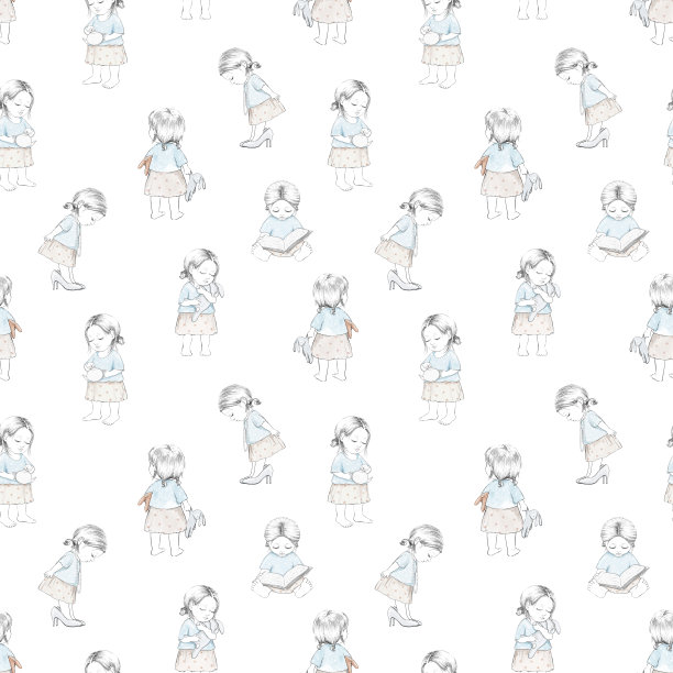 水彩无缝花卉图案与卡通宝宝和玩具图片下载