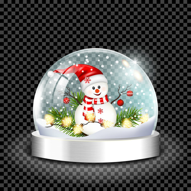 现实透明的雪花球与雪，孤立。对于深色背景。图片下载