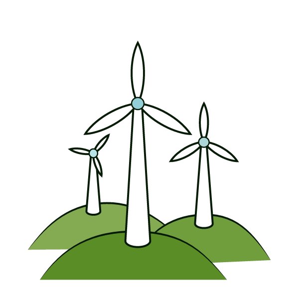 风力发电场，三个螺旋桨，在山上。替代能源。向量的。图片下载