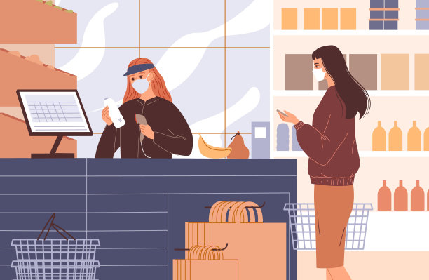 收银员在收银台扫描顾客的产品。戴口罩的人。图片下载