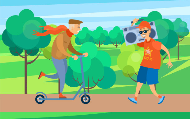 公园里骑滑板车的时尚老男人图片下载