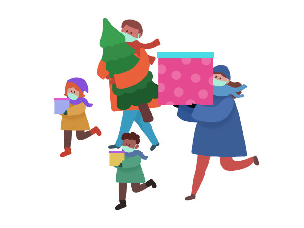 家庭假日-现代卡通人物，家庭寒假，一套快乐新年的概念。这个快乐的多民族家庭正在为新年购物图片下载