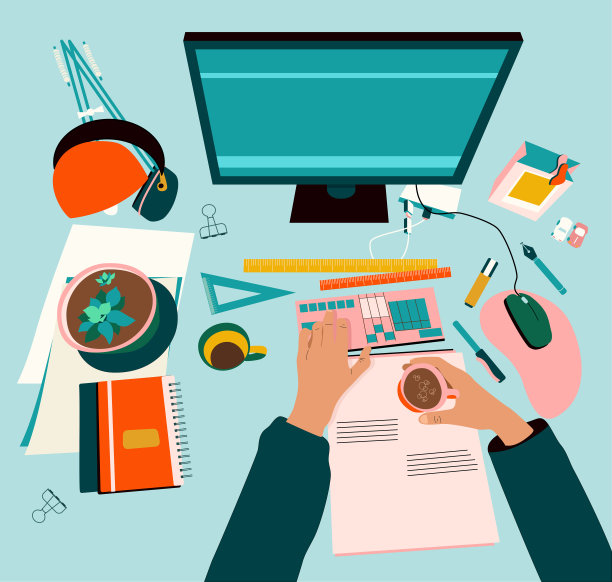 俯视图创意手绘家居工作空间概念。双手按下键盘按键，捧着咖啡杯、报纸。鼠标电脑，桌面办公用品。图片下载