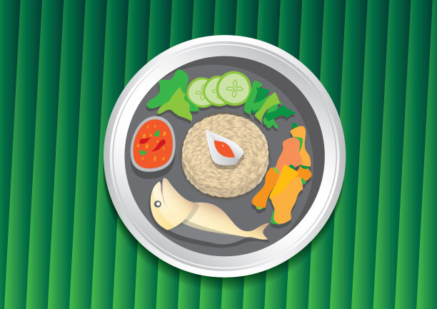 泰国食物上的绿色芭蕉叶矢量插图。鱼辣酱炒饭。卡通图片下载