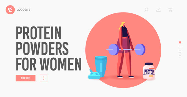 健康的生活方式。健身活动登陆页面模板。在健身房用杠铃和蛋白质锻炼肌肉的女运动员图片下载