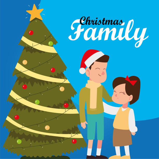 圣诞贺卡可爱的男孩和女孩与树卡通图片下载