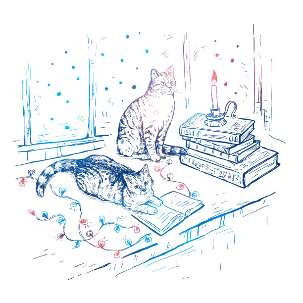 圣诞手绘素描矢量白色背景与书，猫，蜡烛和花环。猫正坐在窗台上。老式圣诞节插图图片下载