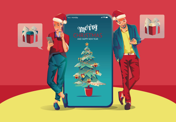 家庭使用视频会议圣诞和新年的概念享受庆祝，装饰，拿礼物与快乐的圣诞树图片下载