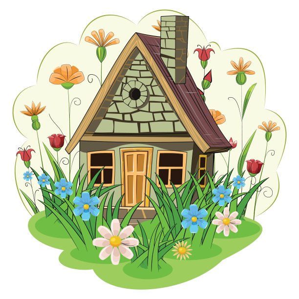 石头花园的房子。令人难以置信的卡通对象。可爱的孩子气的风格。古老的住宅。很小,很小。以花为背景的风景。草地。孤立在白色的。向量图片下载