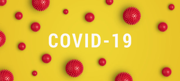 标题COVID-19在黄色背景与红色和黑色的抽象病毒株模型图片下载