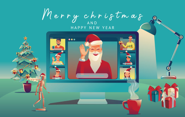 家庭使用视频会议圣诞和新年的概念享受庆祝，装饰，拿礼物与快乐的圣诞树图片下载