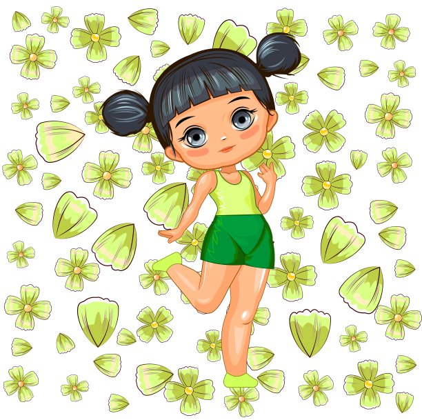 一个穿着短裤和t恤的可爱小女孩。开朗风趣的孩子心情好。白色背景上的孤立物体。年轻的孩子。卡通平的风格。花。向量图片下载