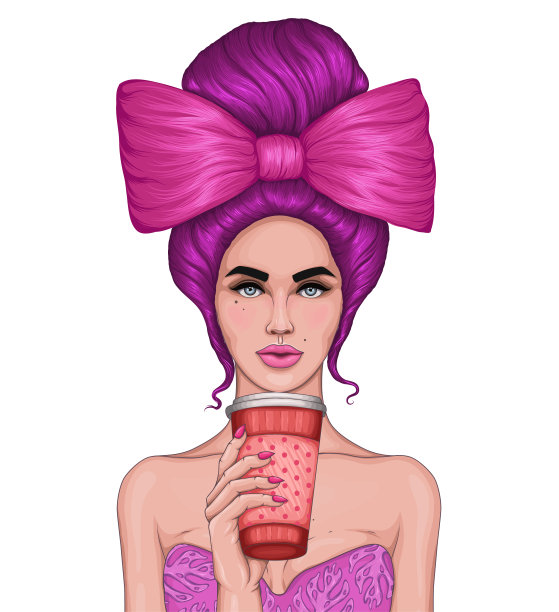 向量肖像时尚女人与一束深红色的头发别着一个大粉红色的蝴蝶结。迷人的魅力模型在深红色持有一个旅行热杯带走热饮料咖啡或茶。设计t恤孤立在白色背景上图片下载