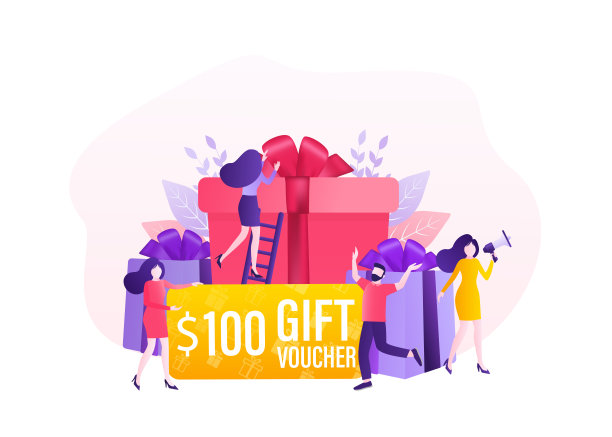3d广告与礼品券为人们提供概念设计。销售、折扣、特价概念。现代礼券呈现给人们，伟大的设计适用于任何目的。矢量插图。图片下载