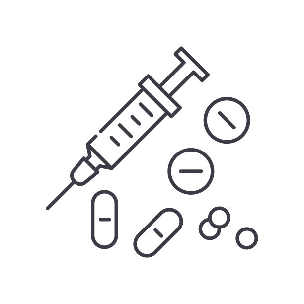 药物图标，线性孤立的插图，细线矢量，网页设计标志，轮廓概念符号与可编辑的笔画在白色的背景。图片下载