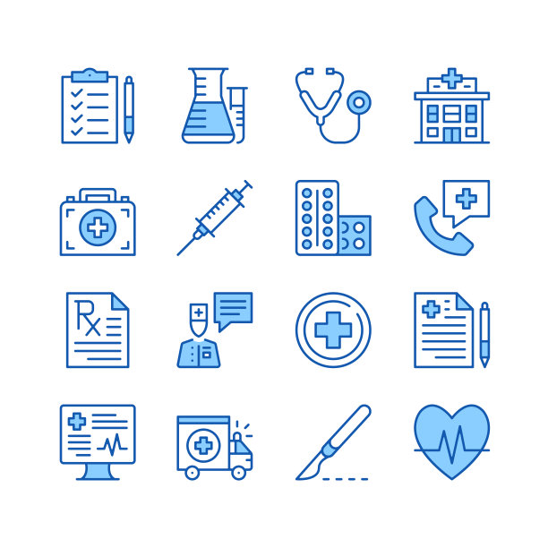 医疗行图标。简单的矢量符号。细线的设计。一组蓝色填充轮廓图标图片下载