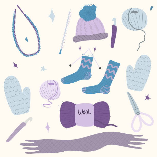 编织工具集。纱线，剪刀，袜子，帽子，针，饺子，钩针，围巾。我们编织的照片。矢量图图片下载