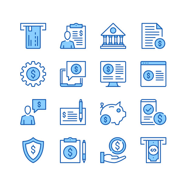 银行行图标。简单的矢量符号。一组蓝色填充轮廓图标图片下载