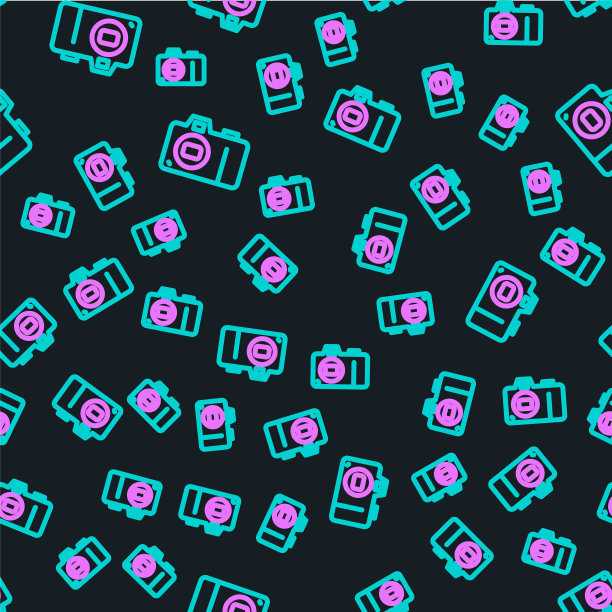 Line Photo相机图标隔离无缝模式上的黑色背景。与相机图标。向量图片下载