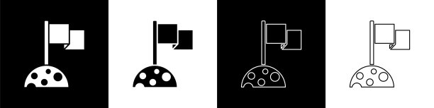 设置月亮与旗帜图标隔离在黑色和白色的背景。向量图片下载