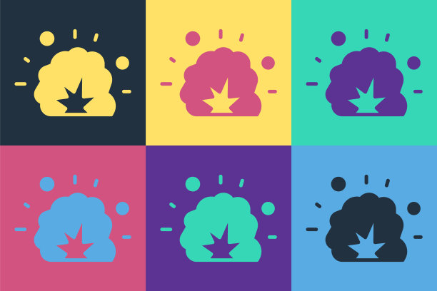 流行艺术炸弹爆炸与弹片和火球图标隔离的颜色背景。向量图片下载