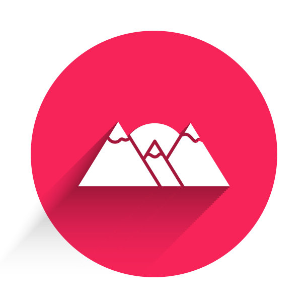 白山图标孤立与长影子。象征胜利或成功的概念。红色圆圈按钮。向量图片下载